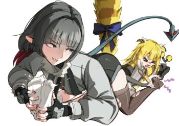 >_< 2girls animal_ears black_gloves black_hair black_shorts blonde_hair blue_bow bow closed_eyes closed_mouth commentary elbow_gloves english_commentary fingerless_gloves ghhoward gloves grey_jacket jacket jane_doe_(zenless_zone_zero) ju_fufu looking_at_viewer mouse_ears mouse_girl mouse_tail multiple_girls open_mouth shorts smile socks tail tail_bow tail_ornament tickling tickling_feet tiger_ears tiger_girl tiger_tail white_socks yellow_jacket zenless_zone_zero