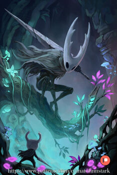 Rule 34 | 2others, anato finnstark, arthropod boy, boss fight, branch, cave, grey cloak, highres, hollow knight, hollow knight (character), knight (hollow knight), mask, multiple others, mushroom, nail (hollow knight), over shoulder, patreon username, pillar, size difference, squatting, sword, sword over shoulder, weapon, weapon over shoulder
