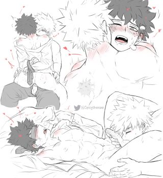 2boys abs anal back bakudeku bakugou_katsuki bdsm blush boku_no_hero_academia bondage bottomless bound curly_hair fellatio freckles highres humming legs lying midoriya_izuku multiple_boys necktie nude oral pectorals penis scar sex spicythenaa spiked_hair testicles warped yaoi
