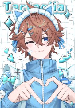 1boy ;) absurdres ahoge animal_ear_hairband animal_ears animal_hair_ornament apron bandaid bandaid_on_cheek bandaid_on_face blue_bow blue_eyes blue_hairband blue_jacket blue_ribbon blush bow cat_ear_hairband cat_ears character_name closed_mouth commentary crossed_bangs earrings fake_animal_ears floating_earrings frilled_apron frilled_hairband frills genshin_impact grid_background hair_between_eyes hair_ornament hairband hairclip heart highres jacket jewelry long_sleeves looking_at_viewer male_focus name_tag one_eye_closed orange_hair ribbon short_hair single_earring smile solo sparkle symbol-only_commentary tartaglia_(genshin_impact) upper_body white_apron white_background x_hair_ornament yugonm222 zipper zipper_pull_tab