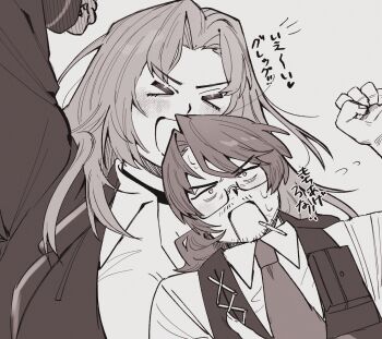 >_< 1boy 1girl :d :o absurdres arm_around_waist arm_up beard_stubble blush breasts choker cigarette clenched_hand clenched_hands closed_eyes collared_shirt facial_hair fist_up flying_sweatdrops formal_clothes glasses gregor_(project_moon) grey_background greyscale hair_between_eyes hair_intakes half-closed_eyes hand_up hatching_(texture) heart height_difference highres holding hug large_breasts limbus_company long_hair long_sleeves looking_ahead looking_at_another looking_to_the_side looking_up low_ponytail monochrome mouth_hold necktie open_mouth parted_bangs photoshop_(medium) ponytail project_moon rodion_(project_moon) sanpaku semi-rimless_eyewear shirt shouting simple_background sketch smile smoke smoking stubble suit surprised sweatdrop translation_request under-rim_eyewear upper_body v-shaped_eyebrows vest white_background xd