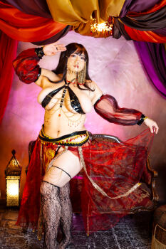 1girl asian belly belly_dancer black_hair breasts chouzuki_maryou cleavage highres large_breasts lipstick makeup photo_(medium) plump solo thick_thighs thighs underboob