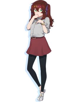 Rule 34 | 1girl, black pantyhose, brown hair, expressionless, full body, green eyes, hans.b, long hair, looking at viewer, maitoko yuri, pantyhose, skirt, solo, tachi-e, teikan no eve bethel, transparent background, watch, wristwatch