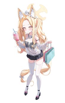 1girl absurdres alternate_hairstyle animal animal_ear_fluff animal_ears animal_on_head arm_strap bag bare_shoulders bird bird_on_head black_bra black_shoes black_skirt blue_archive blue_bag blush bow bra closed_mouth clothing_cutout covered_navel cross_halo drink flower footwear_bow forehead fox_ears fox_girl fox_tail hair_flower hair_ornament halo hido88 highres holding holding_bag holding_drink loli long_tail on_head pink_bag see-through_clothes see-through_shirt seia_(blue_archive) shirt shoes shopping_bag shoulder_cutout simple_background skirt sleeve_bow smile smoothie solo tail tail_bow tail_ornament thighhighs thighs tit_(bird) twintails underwear white_background white_bow white_flower white_shirt white_thighhighs yellow_halo zettai_ryouiki