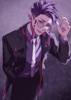 1boy :d absurdres black-framed_eyewear black_coat black_pants coat collared_shirt commentary_request corbeau_(pokemon) glasses hand_in_pocket hand_up highres long_sleeves makiri96 male_focus necktie nintendo open_clothes open_coat open_mouth pants pokemon pokemon_legends:_z-a purple_hair purple_shirt round_eyewear shirt short_hair smile solo teeth yellow_eyes