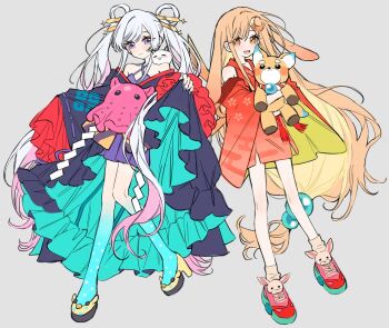 2girls animal bare_shoulders blonde_hair blue_eyes blue_kimono cho_kaguya-hime! closed_mouth commentary crescent crescent_hair_ornament dog full_body grey_background hair_ornament hair_rings hair_stick highres holding holding_animal holding_dog inudoge japanese_clothes kaguya_(cho_kaguya-hime!) kimono long_hair long_sleeves looking_at_viewer low-tied_long_hair multiple_girls octopus open_mouth pink_shoes red_kimono runami_yachiyo sea_foam shoes short_kimono simple_background smile sneakers standing symbol-only_commentary twintails very_long_hair white_hair yellow_shoes