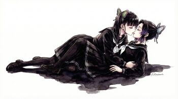 Rule 34 | 2girls, artist name, black hair, black pantyhose, black sailor collar, black serafuku, black shirt, black shoes, black skirt, butterfly hair ornament, closed eyes, commentary, couple, english commentary, fingernails, full body, girl on top, hair ornament, highres, hirasawa ako, imminent kiss, kimetsu no yaiba, kochou shinobu, loafers, long hair, long sleeves, lying, multiple girls, neckerchief, on back, pantyhose, parted lips, pleated skirt, sailor collar, school uniform, serafuku, shirt, shoes, short hair, side ponytail, simple background, skirt, tsuyuri kanao, white background, white neckerchief, yuri