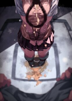 1girl 1other absurdres bound bound_wrists breasts commentary_request execution highres huyunokure medium_breasts noose original pleated_skirt pov pov_hands rope school_uniform skirt standing sweater_vest vomit
