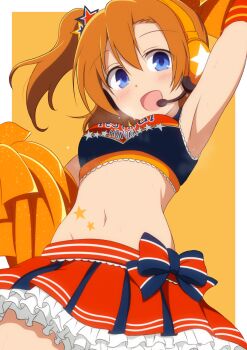 1girl :d absurdres armpit_focus armpits blue_eyes blush border breasts cheerleader clothes_writing commentary commission cowboy_shot curakuru frilled_skirt frills groin headset highres kosaka_honoka looking_at_viewer love_live! love_live!_school_idol_project medium_breasts miniskirt navel official_alternate_costume one_side_up open_mouth orange_background orange_skirt outside_border pleated_skirt pom_pom_(cheerleading) simple_background skeb_commission skirt smile solo stomach takaramonozu white_border