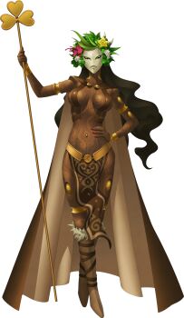 1girl absurdres boots breasts brown_boots brown_skirt cape clover danu_(megami_tensei) dark-skinned_female dark_skin demon_(megami_tensei) doi_masayuki flower full_body fur_trim green_eyes hair_flower hair_ornament hand_on_own_hip highres holding long_hair mask medium_breasts nail_polish navel_piercing official_art pelvic_curtain piercing plant_hair red_nails shamrock shin_megami_tensei shin_megami_tensei_iv_final skirt solo staff standing third-party_source topless_female