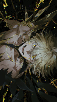 Rule 34 | 1boy, absurdres, alternate form, asymmetrical wings, black shirt, black wings, blonde hair, cracked skin, crazy eyes, crazy smile, hair between eyes, halo, halo behind head, highres, honkai: star rail, honkai (series), male focus, material growth, amputee, nanjo maya, phainon (honkai: star rail), phainon (khaslana) (honkai: star rail), shirt, short hair, sideways, smile, solo, torn clothes, torn shirt, wings, yellow blood, yellow eyes, yellow wings