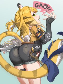 ! !! 1girl absurdres animal_ear_fluff animal_ears aqua_background artist_request ass ass_focus black_gloves black_shorts blonde_hair blue_bow bow colored_inner_hair elbow_gloves fang fingerless_gloves from_behind gao gloves green_eyes hand_up high-waist_shorts highres jacket ju_fufu leaning leaning_forward loli long_hair looking_at_viewer looking_back multicolored_hair open_mouth short_shorts short_sleeves shorts simple_background smile solo tail tail_bow tail_ornament teeth thigh_strap thighs tiger_ears tiger_girl tiger_tail upper_teeth_only very_long_hair very_long_tail yellow_jacket zenless_zone_zero