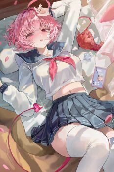 1girl arm_up blue_sailor_collar blue_skirt blush demon_tail highres lying midriff navel neckerchief on_back open_mouth original pink_eyes pink_hair pink_neckerchief pleated_skirt sailor_collar school_uniform shirt short_hair skirt solo sweatdrop tail teeth teru_(s2_teru) thighhighs upper_teeth_only white_shirt white_thighhighs