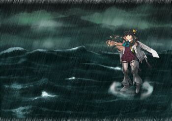 1girl adapted_costume beta_(joutarou) black_hair bow bowtie commentary dress english_commentary grey_pantyhose hair_ribbon hoshi_no_koe kantai_collection long_sleeves multicolored_hair naganami_(kancolle) pantyhose pinafore_dress pink_hair rain ribbon sleeveless_dress standing standing_on_liquid torpedo_tubes two-tone_hair waves wavy_hair yellow_eyes