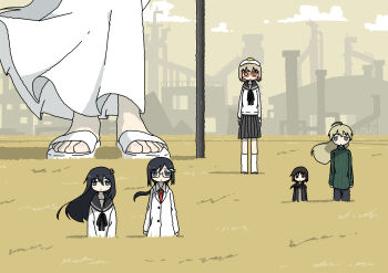 6+girls absurdres arms_at_sides black_hair black_ribbon blonde_hair chito_(shoujo_shuumatsu_ryokou) coat commentary dress emesan_desu factory field fish_hair_ornament fried_egg giant giantess glasses green_sweater grey_sailor_collar grey_skirt hair_ornament highres long_hair long_sleeves looking_at_viewer multiple_girls mushroom_on_head neck_ribbon necktie pleated_skirt ponytail red_necktie ribbon sailor_collar sandals school_uniform serafuku shimeji_simulation shirt shoujo_shuumatsu_ryokou skirt socks standing straight-on sweater the_gardener_(shimeji_simulation) tsukishima_shijima tsukishima_shijima&#039;s_sister white_coat white_dress white_sandals white_shirt white_socks yamashita_majime yuuri_(shoujo_shuumatsu_ryokou)