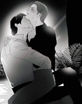 Rule 34 | 2boys, ahoge, beard, blush, clothes lift, commentary request, couple, dojima daigo, dress shirt, facial hair, fern, grabbing another's ass, greyscale, groping, hair slicked back, hand in another's pants, highres, kiss, kissing neck, male focus, midriff peek, mine yoshitaka, monochrome, mullet, multiple boys, no jacket, no necktie, pants, partially unbuttoned, pectoral cleavage, pectorals, pinstripe pants, pinstripe pattern, ryuu ga gotoku (series), ryuu ga gotoku 3, shirt, shirt lift, sitting, sitting on lap, sitting on person, sweat, tyag53, yaoi