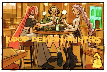 Rule 34 | 3girls, black boots, black choker, black hair, black skirt, boots, border, bottle, braid, breasts, chair, chewing, choker, chopsticks, commentary request, copyright name, double bun, earrings, eating, full body, full mouth, green jacket, grey pants, grin, hair bun, highres, holding, holding chopsticks, indoors, jacket, jewelry, kpop demon hunters, long hair, medium breasts, midriff, mira (kpop demon hunters), multiple earrings, multiple girls, pants, parted bangs, phonograph, pink hair, rumi (kpop demon hunters), shirt, short bangs, short hair, sidelocks, single braid, sitting, skirt, smile, socks, striped clothes, striped socks, table, takeuchi ryousuke, teeth, turtleneck, white border, white shirt, zoey (kpop demon hunters)