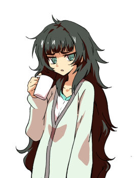 1girl :o blunt_bangs collar collarbone commentary_request confused cup flat_chest green_collar green_eyes green_hair green_trim highres hiyajou_maho holding holding_cup jacket_over_dress long_hair long_sleeves messy_hair mug narrowed_eyes sadarann science_adventure simple_background solo steins;gate steins;gate_0 upper_body very_long_hair white_background