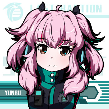 1girl 51qu_de_yeying absurdres ahoge arms_behind_back black_coat black_ribbon blush breasts brown_eyes button-down_collar character_name coat command_&amp;_conquer command_&amp;_conquer:_red_alert command_&amp;_conquer:_red_alert_2 english_text foehn_revolt hair_intakes hair_ribbon headphones high_collar highres last_bastion medium_hair mental_omega_(mod) military military_uniform multi-tied_hair pink_hair ribbon sidelocks small_breasts smile solo upper_body walkie-talkie yunru_(mental_omega)
