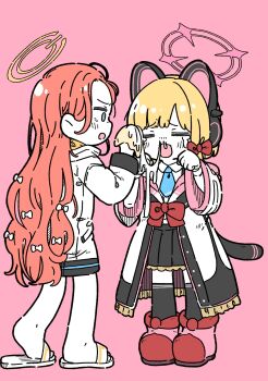 2girls =_= animal_ear_headphones animal_ears black_jacket black_skirt black_thighhighs blonde_hair blue_archive blue_necktie bow bowtie cat_ear_headphones cat_ears closed_eyes collared_shirt colored_skin commentary fake_animal_ears fake_tail forehead from_side full_body ganbarutoufu hair_bow halo handkerchief headphones highres holding holding_handkerchief hood hooded_jacket jacket long_hair long_sleeves momoi_(blue_archive) multicolored_jacket multiple_girls necktie no_pupils open_mouth orange_halo pink_background pink_halo pink_jacket pink_shoes pleated_skirt red_bow red_bowtie red_hair shirt shoes short_hair simple_background skirt slippers snot snot_trail standing tail tears thighhighs turn_pale two-sided_fabric two-sided_jacket very_long_hair white_jacket white_shirt white_skin white_slippers yuzu_(blue_archive)