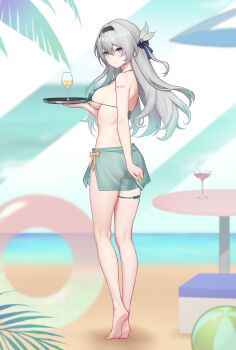 1girl absurdres alternate_costume aqua_bikini aqua_sarong ass barefoot beach bikini blush breasts card chinese_commentary closed_mouth commentary_request cup drinking_glass feet firefly_(honkai:_star_rail) frills full_body grey_hair hair_ornament highres holding holding_card holding_tray honkai:_star_rail honkai_(series) kneepits large_variant_set long_hair looking_at_viewer medium_breasts paid_reward_available purple_eyes sarong see-through_clothes see-through_sarong soles solo standing swimsuit thigh_strap thighs tray variant_set yunkaiming