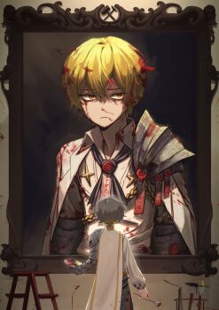 Rule 34 | 1girl, 99dulgi, absurdres, blonde hair, blood, blood on face, cape, closed mouth, commentary request, from behind, grey hair, hair between eyes, highres, holding, holding paint palette, korean commentary, kromer (project moon), limbus company, multicolored hair, n corp. fanatic (identity) (project moon), painbrush (splatoon), paint palette, painting (object), project moon, shaded face, short hair, sinclair (project moon), solo, standing, two-tone hair, white cape, yellow eyes