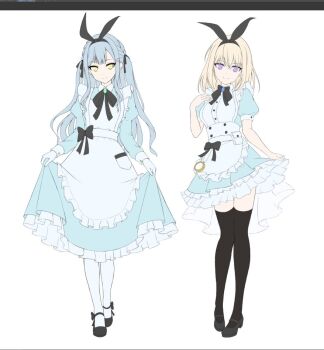 2girls alice&#039;s_adventures_in_wonderland alice_(alice_in_wonderland) alice_(alice_in_wonderland)_(cosplay) alternate_costume animal_ear_hairband animal_ears apron bang_dream! bang_dream!_it&#039;s_mygo!!!!! belt belt_pouch black_bow black_hairband black_ribbon black_shoes black_thighhighs blonde_hair blue_dress blue_hair bow braid breasts brooch buttons closed_mouth contrapposto cosplay curly_sidelocks double-breasted dress earrings fake_animal_ears flat_cap frilled_apron frilled_dress frills full_body gloves hair_ornament hair_ribbon hairband hairclip hand_up hat heel_up high-ended_braid high-low_dress jewelry juliet_sleeves large_breasts long_dress long_hair long_sidelocks long_sleeves looking_at_viewer mary_janes misumi_uika multiple_girls neck_ribbon pantyhose pigeon-toed pocket pocket_watch pouch puffy_short_sleeves puffy_sleeves purple_eyes rabbit_ear_hairband rabbit_ears ribbon shoes short_dress short_hair short_sleeves sidelocks simple_background skirt_hold smile split_mouth standing swept_bangs thighhighs togawa_sakiko two_side_up underbust very_long_hair waist_bow watch white_apron white_background white_belt white_gloves white_pantyhose wing_collar yellow_eyes yoromimi_yu zettai_ryouiki