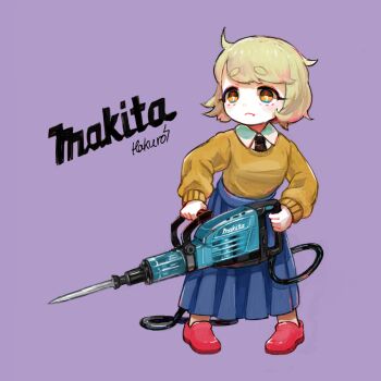 Rule 34 | 1girl, bad id, bad tumblr id, black necktie, blonde hair, blue skirt, collared shirt, female focus, full body, hakuro96, long skirt, long sleeves, makita (brand), necktie, original, pleated skirt, power tool, purple background, red shoes, shirt, shoes, short hair, signature, simple background, skirt, solo, standing, sweater, swept bangs, white shirt, yellow sweater