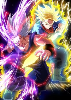 2boys aura black_background blonde_hair dragon_ball dragon_ball_super dragon_ball_super_super_hero fighting_stance gohan_beast green_eyes highres lightning looking_at_viewer makankousappou multiple_boys muscular muscular_male red_eyes serious son_gohan spiked_hair super_saiyan_rage sword torn_clothes trunks_(dragon_ball) trunks_(future)_(dragon_ball) weapon white_hair