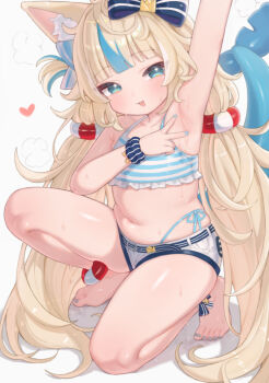 1girl :3 animal_ears armpits bikini blonde_hair blue_nails blue_toenails blush c0521_(artist) cat_ears feet female_focus fingernails fins fish_tail indie_virtual_youtuber loli long_hair long_twintails nail_polish navel sameko_saba short_shorts shorts simple_background smile solo squatting stomach striped striped_bikini striped_clothes swimsuit tail thighs toes twintails v virtual_youtuber white_background