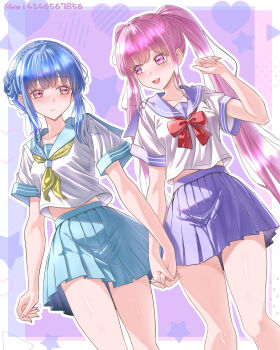 2girls absurdres blue_hair blue_sailor_collar blue_skirt blush bow braid breasts brown_eyes commentary_request crown_braid fire_emblem fire_emblem:_three_houses highres hilda_valentine_goneril holding holding_hands long_hair marianne_von_edmund midriff_peek multiple_girls neckerchief nintendo open_mouth parted_lips pink_eyes pink_hair purple_sailor_collar purple_skirt red_bow sailor_collar school_uniform serafuku short_sleeves skirt smile twintails wade_(njud8343) yellow_neckerchief