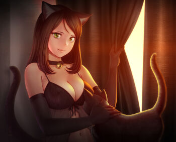 1girl animal animal_ear_fluff animal_ears babydoll bare_shoulders black_cat black_gloves breasts brown_hair cat cat_ears cat_girl cat_tail cleavage collar collarbone commentary_request curtain_grab curtains elbow_gloves gloves highres horiishi_horuto large_breasts long_hair looking_at_viewer navel original petting pink_lips revision solo tail underwear underwear_only upper_body yellow_eyes