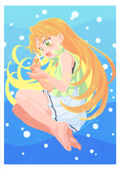 1girl :d air_bubble barefoot blush bubble commentary feet floating full_body gem green_eyes green_shirt holding holding_gem long_hair open_mouth orange_hair ruri_no_houseki shirt skirt smile soles solo tanigawa_ruri underwater white_skirt yatoyato