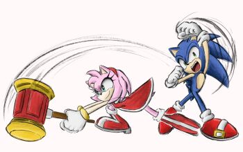 amy_rose battle blue_fur blue_hair boots dress gloves green_eyes hammer loli medium_hair pink_fur pink_hair realsoap_ball sega shoes smile socks sonamy sonic_(series) sonic_the_hedgehog spiked_hair toy_hammer