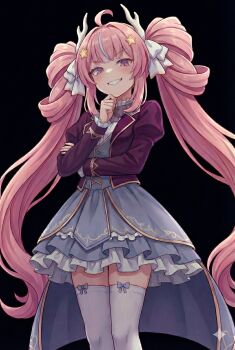 Rule 34 | 1girl, absurdres, ahoge, black background, bow, commentary, crossed arms, dress, english commentary, frilled dress, frills, full body, hair bow, hair ornament, hair ribbon, highres, honkai (series), honkai impact 3rd, horns, jacket, layered dress, long hair, long sleeves, pastel colors, pink hair, purple eyes, ribbon, simple background, smirk, solo, standing, star (symbol), star hair ornament, thigh bow, thighhighs, twintails, vest, waistcoat, youyun (honkai impact)