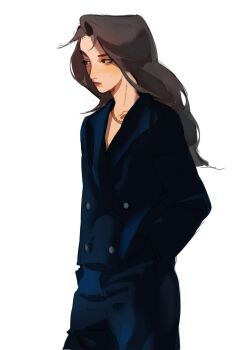 1girl brown_eyes brown_hair celine_(kpop_demon_hunters) closed_mouth commentary english_commentary franppucino hands_in_pockets highres jewelry kpop_demon_hunters long_hair looking_ahead necklace simple_background solo white_background