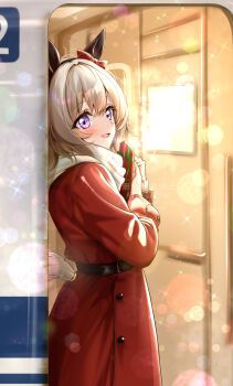 1girl :d animal_ears belt black_belt clothing_cutout coat commentary_request cowboy_shot curren_chan_(umamusume) door ear_covers gift grey_hair highres holding holding_gift horse_ears horse_girl horse_tail kakikakilemon long_sleeves looking_at_viewer open_mouth purple_eyes red_coat scarf short_hair smile snow solo tail tail_through_clothes train umamusume white_scarf