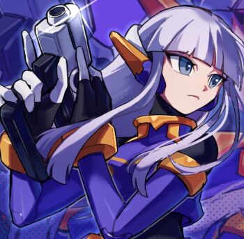 1girl commission glint grey_eyes grey_hair gun holding holding_gun holding_weapon mega_man_(series) mega_man_zero_(series) original robot_ears skeb_commission solo_focus trigger_discipline upper_body vani_(hisha_04) weapon zoom_layer