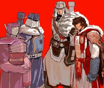 4boys armor armored_gloves black_gloves black_hair cape closed_mouth decepticon gloves gyarrrrrrr highres humanization looking_at_viewer male_focus megatron multiple_boys one-eyed purple_gloves red_armor red_eyes robot shockwave_(transformers) shoulder_armor shoulder_cannon simple_background smile soundwave_(transformers) starscream transformers transformers:_generation_1 yellow_eyes