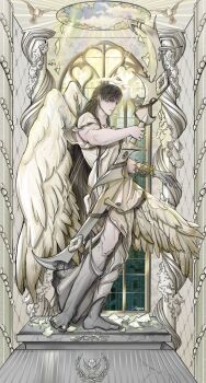 angel angel_wings barefoot dlloyee feathered_wings full_body highres holding holding_weapon long_hair love_and_deepspace very_long_hair weapon white_wings wings zayne_(love_and_deepspace)