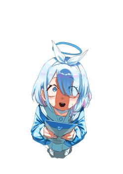 1girl a_(mitei7926) arona_(blue_archive) blue_archive blue_eyes blue_hair blue_shirt bow_hairband braid commentary_request envelope from_above hairband halo highres holding holding_envelope long_sleeves looking_at_viewer looking_up nervous_sweating open_mouth penis_shadow shadow shirt shoes short_hair skirt solo standing sweat white_background white_shoes white_skirt wide-eyed