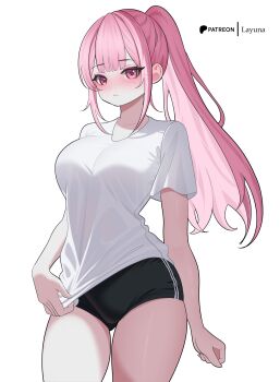 1girl absurdres artist_name black_buruma blush breasts buruma closed_mouth commentary english_commentary high_ponytail highres hololive hololive_english large_breasts layunaart long_hair looking_at_viewer mori_calliope patreon_username pink_eyes pink_hair ponytail shirt shirt_tug short_sleeves simple_background solo thighs virtual_youtuber white_background white_shirt