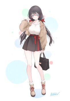 1girl :o absurdres adversarial_noise alternate_costume azur_lane bag black_bag black_hair black_skirt blue_eyes blush boots bow breasts brown_boots brown_jacket casual collarbone commentary_request cropped_jacket full_body glasgow_(azur_lane) hair_bow hand_up handbag highres holding holding_bag jacket large_breasts legs livetarica long_hair looking_at_viewer low_twintails open_clothes open_jacket parted_lips polka_dot polka_dot_background red_bow red_ribbon ribbon shirt signature skirt socks solo standing thighs twintails waist_ribbon white_background white_shirt white_socks