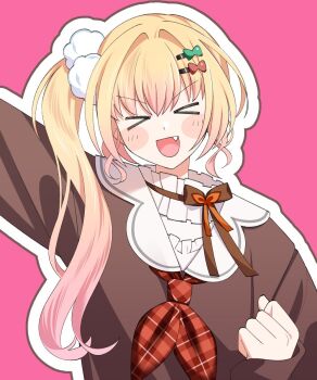 &gt;_&lt; 1girl :d arm_up blonde_hair bow bowtie brown_bow brown_bowtie brown_cardigan cardigan clenched_hand closed_eyes collar commentary drop_shadow fang frilled_collar frills gradient_hair hair_intakes hair_ornament hairclip hashtag-only_commentary highres hololive long_hair momosuzu_nene momosuzu_nene_(casual) multicolored_hair neckerchief official_alternate_costume official_alternate_hair_length official_alternate_hairstyle open_mouth pink_background pink_hair plaid_clothes plaid_neckerchief pom_pom_(clothes) pom_pom_hair_ornament red_neckerchief sailor_collar side_ponytail sidelocks simple_background smile solo symbol-only_commentary upper_body uuoftn virtual_youtuber white_sailor_collar