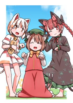 Rule 34 | 3girls, :3, animal ear fluff, animal ear piercing, animal ears, barefoot, bell, black dress, blue sky, bow, bowtie, braid, brown bow, brown hair, calico (pattern), cat ears, cat girl, cat tail, chen, coin, commentary request, day, dress, earrings, extra ears, facing viewer, fang, flat chest, frilled dress, frilled skirt, frills, gold, goutokuji mike, green hat, hair bow, hat, highres, holding, hoop earrings, jewelry, jingle bell, kaenbyou rin, kneeling, koban (gold), long hair, long sleeves, looking at viewer, mob cap, multicolored hair, multicolored shirt, multicolored skirt, multicolored tail, multiple girls, multiple tails, navel, neck bell, nekomata, nyan clan of gensokyo (touhou), one eye closed, open mouth, orange eyes, outdoors, paw pose, puffy short sleeves, puffy sleeves, red hair, red skirt, red vest, roco (katsuya1011), shirt, short hair, short sleeves, single earring, skin fang, skirt, sky, smile, streaked hair, tail, toes, touhou, twin braids, two tails, variant set, vest, white hair, white shirt, white skirt, yellow bow, yellow bowtie