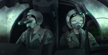 1boy 1girl above_clouds aircraft airplane airplane_interior arktic blonde_hair cloud commission fighter_jet flight_suit floral_print g-suit green_eyes green_jumpsuit grey_sky helmet highres jumpsuit military military_vehicle monitor night_vision_device olena_bozhuk original oxygen_mask pilot pilot_helmet rain russo-ukrainian_war sitting sky storm su-24 ukrainian_air_force vehicle_focus water_drop window