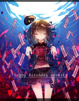 1girl black_hair black_hat black_ribbon black_skirt blue_background breasts character_name closed_eyes commentary_request cowboy_shot floral_print floral_print_skirt happy_birthday hat hat_ornament jiangshi medium_breasts midriff miniskirt miyako_yoshika navel neck_ribbon ofuda open_mouth outstretched_arms print_skirt red_shirt ribbon shinjitsu_no_kuchi shirt short_hair short_sleeves skirt solo star_(symbol) star_hat_ornament touhou unworn_hat unworn_headwear zombie_pose