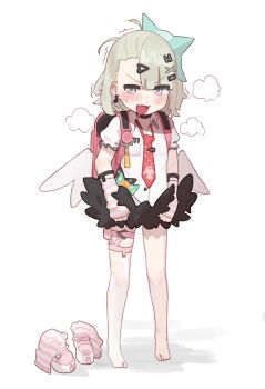 1girl absurdres backpack bag barefoot black_skirt blush chinatsu_remiel collared_shirt commentary_request erifan0 fang flat_chest frilled_sleeves frills full_body green_eyes green_hair hair_ornament heisei_retro highres multicolored_eyes necktie open_mouth pink_bag pink_eyes pink_shoes pink_socks randoseru red_necktie shirt shoes short_hair short_sleeves simple_background skin_fang skirt socks solo standing toes triangle_hair_ornament two-tone_eyes unworn_shoes unworn_socks white_background white_shirt white_wings wings x_hair_ornament y2k_fashion zenless_zone_zero