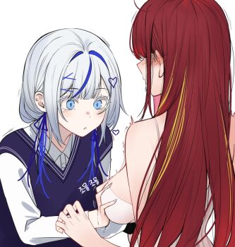 2girls akane_lize aokumo_rin bare_shoulders blue_eyes blue_hair blue_shirt blush breast_awe breasts grabbing_another&#039;s_breast groping highres large_breasts long_hair looking_at_another multicolored_hair multiple_girls parted_lips red_hair shirt simple_background sleeveless sleeveless_shirt spaghetti_strap stellive streaked_hair talnory upper_body virtual_youtuber white_background white_hair white_shirt yuri