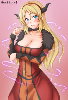 Rule 34 | 1girl, anti (untea9), blonde hair, blue eyes, breasts, cleavage, commentary request, dress, fur-trimmed dress, fur trim, gradient background, highres, kantai collection, large breasts, long hair, long sleeves, maou (maoyuu), maoyuu maou yuusha, nelson (kancolle), one-hour drawing challenge, pink background, red dress, solo, twitter username
